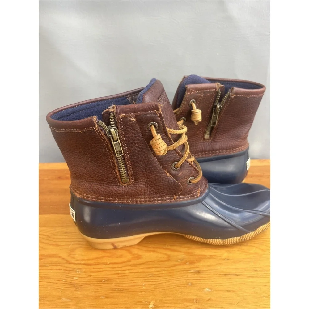 Sperry Topsider Saltwater Duck Boots Womens 7.5 Brown Leather Navy
